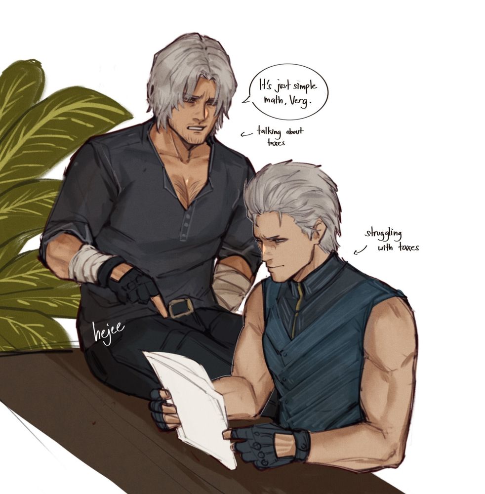 dmc dante teaching his older twin brother, vergil, how taxes work. In a speech bubble, Dante says "It's just simple math, Verg." but it isn't simple for Vergil, who's clearly struggling while holding various documents. Also, there are plants at the background.