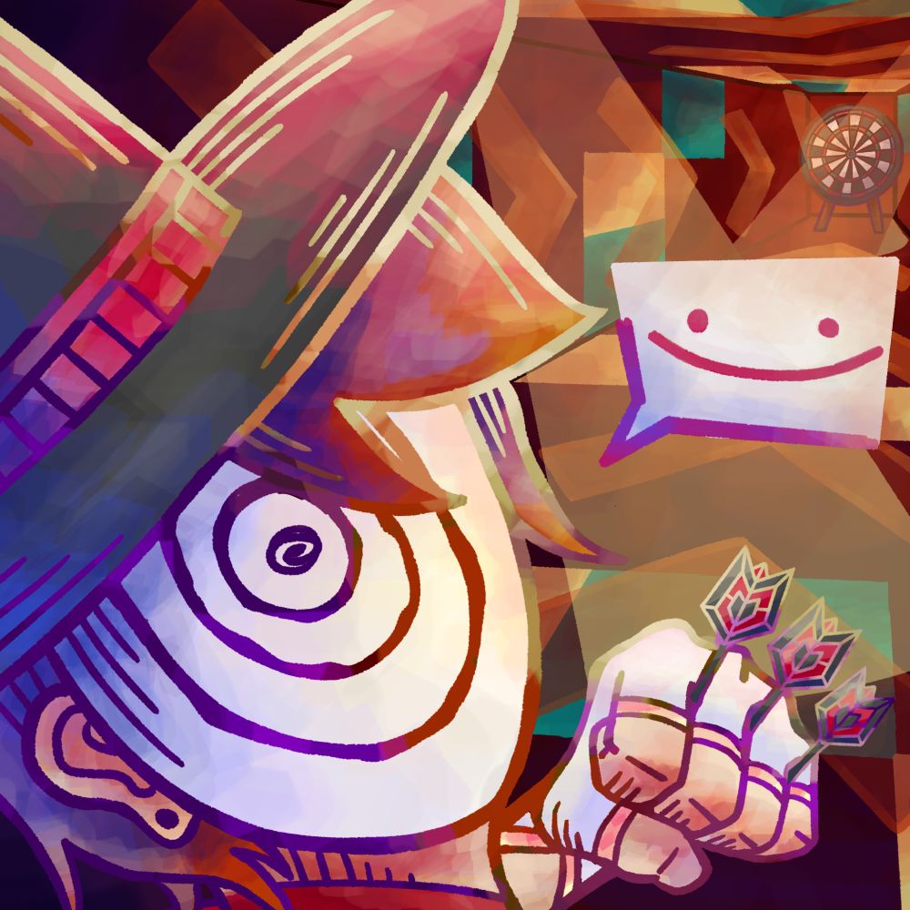 CrizBriim's silly goofy ahh old man (hes 55 \o/) oc from their dnd campaign taunting you with darts 