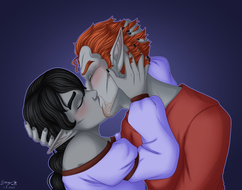 A digital drawing of two dark elf characters, Ralis Sedarys from the Elder Scrolls Skyrim and an OC called Mirni, kissing