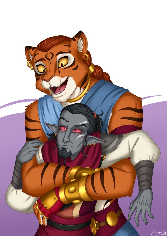 A drawing of two Elder Scrolls OCs. Dar'vi, a Pahmar-Raht Khajiit and Ferevyn, a dunmer. Dar'vi is hugging Ferevyn and Ferevyn looks a little uncomfortable as he's being hugged a bit too hard. 