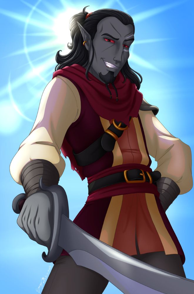 A drawing of a dunmer character. We're viewing him from slightly below, and the sun is behind him making him appear more shadowy. He's holding a sword. 