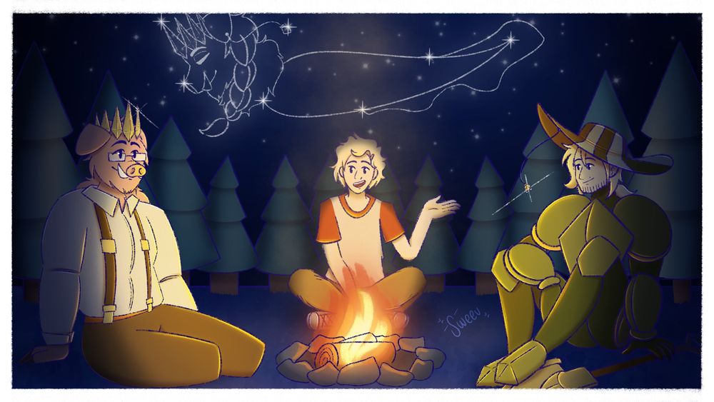 Thumbnail for Philza VODs, fanart of Phil as Shovel Knight talking and resting with Tommy and Technodad. A constellation of Technoblade can be seen in the background!