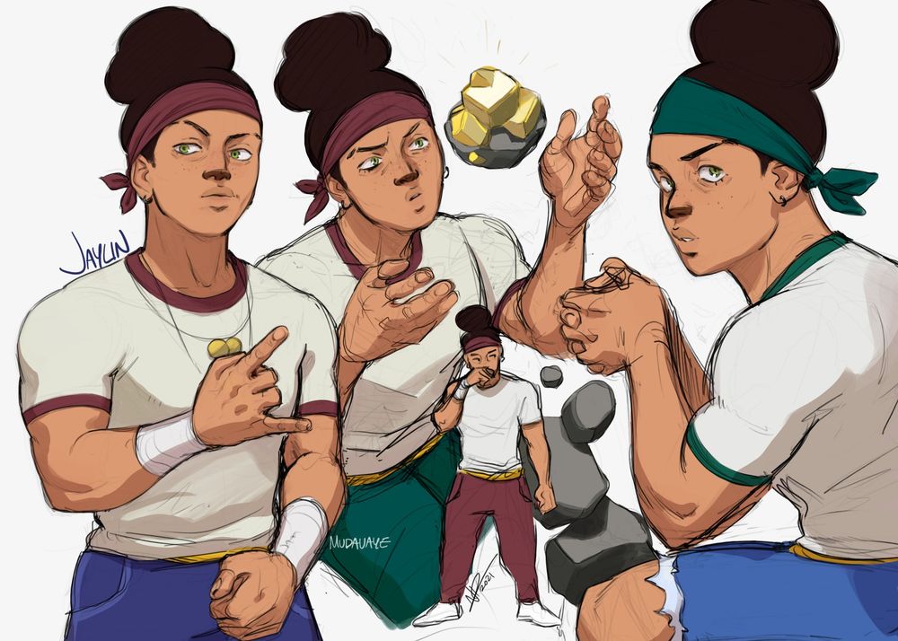 A character sheet (from 2021) of my OC Jaylin. Jaylin has a muscular build here and is wearing a off white shirt with coloured sleeves and a headband. The drawings show multiple poses, including gestures with her hands and a thoughtful expression. In one pose, Jaylin appears to be manipulating a floating rock object (Topaz, a Breath of the Wild reference). The background is plain.