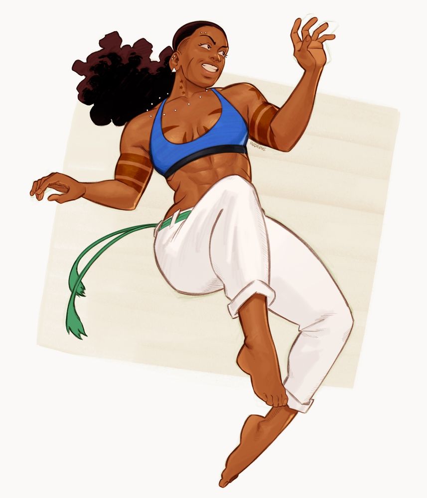 Art of my OC Keisha - Drawing shows her mid action, doing a leap in the air with her arms bent and up to either side, and lifting her legs. Her afro is styled in a large ponytail. She has a slim, muscular build. She wears a royal blue sports bra, white capoeira style trousers and a green cord/belt. The pose conveys a sense of dynamism and energy, emphasising her athleticism and figure.