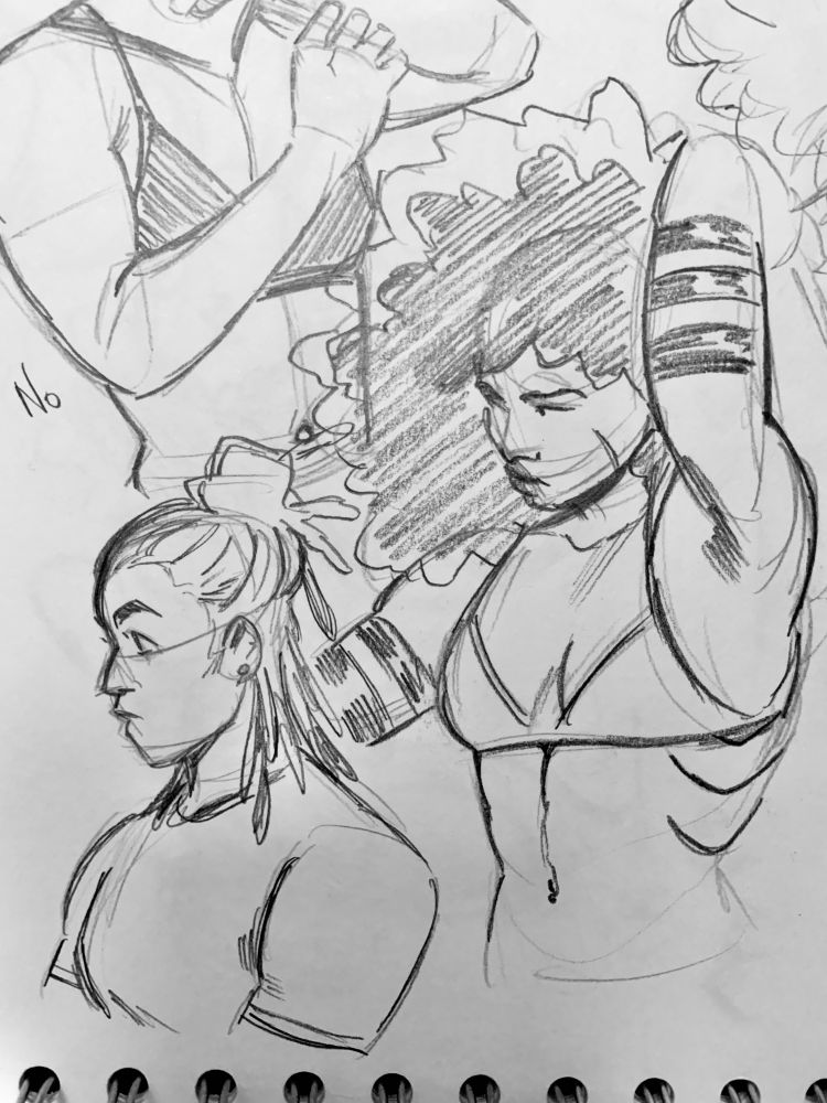Aariyah and Keisha sketches: The image features a series of pencil sketches of characters in various poses. One character on the right (Keisha) has afro hair and raising their arm, showcasing a confident expression. Another character on the left has long hair and is depicted from the side. The sketches and overall composition reflects an exploration of character design and movement.