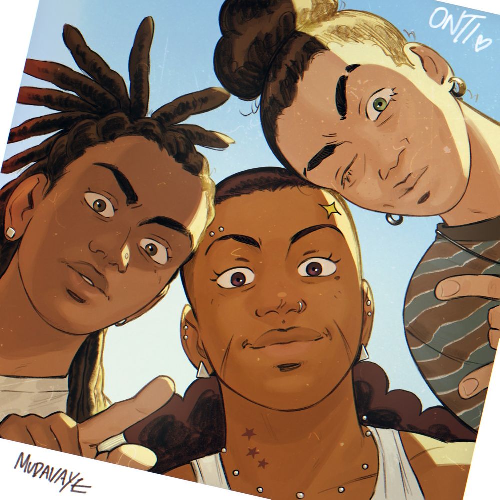 Updated thumbnail for my webcomic Onti, 3 characters from left to right: Aariyah, Keisha, Jaylin, posed together