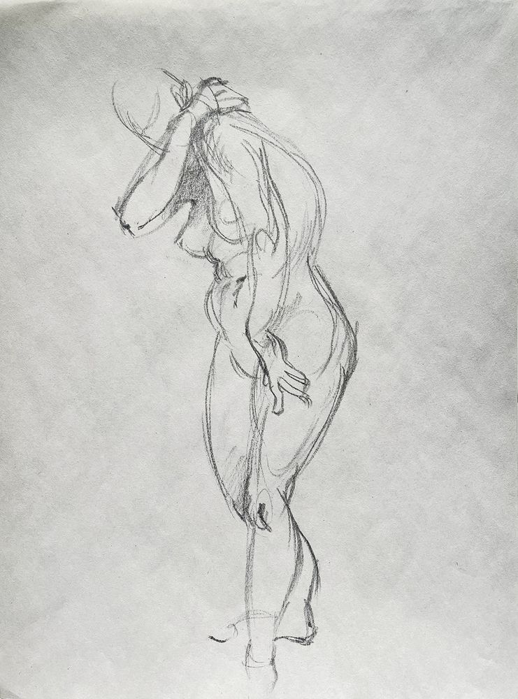 Figure drawing of a woman standing, hunched over, with arm resting on opposite shoulder