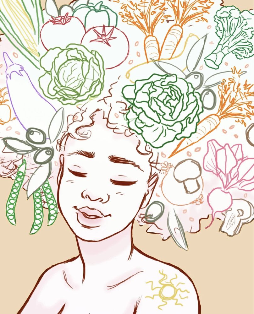 a sketch of a cute black girl with a garden of vegetables in her afro style hair