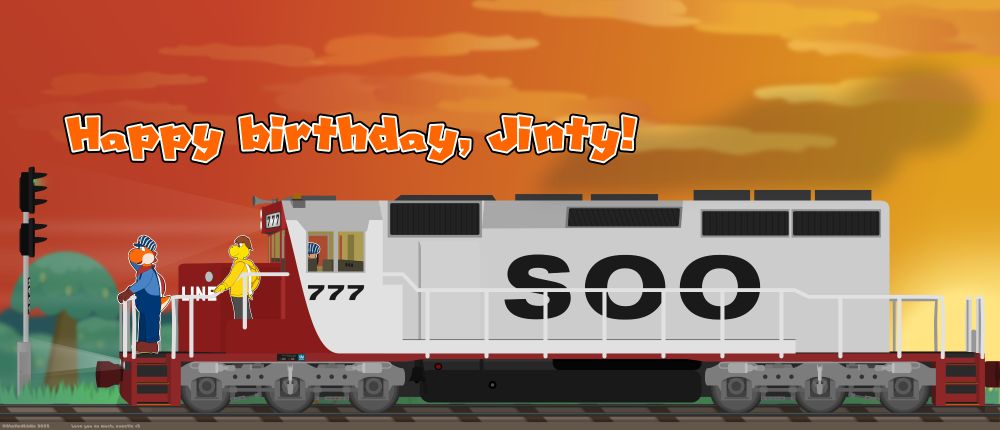 The same scene as in the previous image, but with the engine colored in the livery of Soo Line #777.