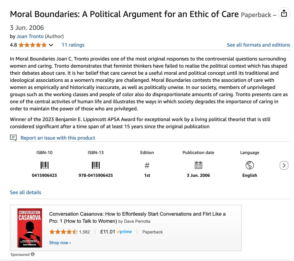 a screenshot of an Amazon page of the book Moral Boundaries: A Political Argument for an Ethic of Care, by Joan Tronto, paperback version. Below the description there's a box with a highlighted sponsored book obviously written by an incel 