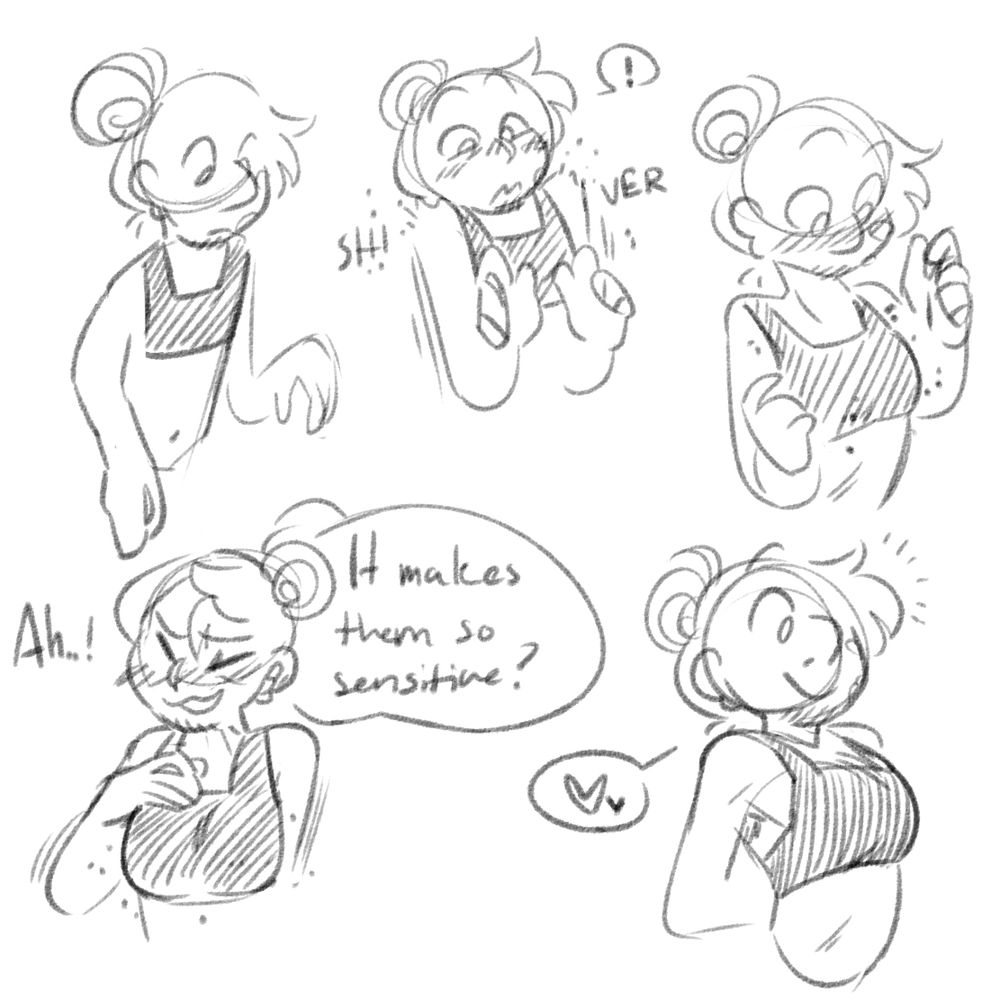page 3 of a sketchy comic.
this page shows a sequence of jon's breasts growing. he's wearing a sports bra during this. first he feels a shiver on his shoulders, then his flat chest begins to grow just a bit. as it grows, he blushes and comments, "it makes them so sensitive?" in the final shot, he's arching his back a bit to admire his modestly sized breasts, which are about a b or c-cup in size.