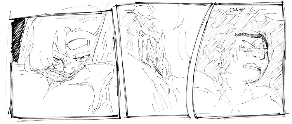 a sketchy 3-panel comic of two women having oral sex. 