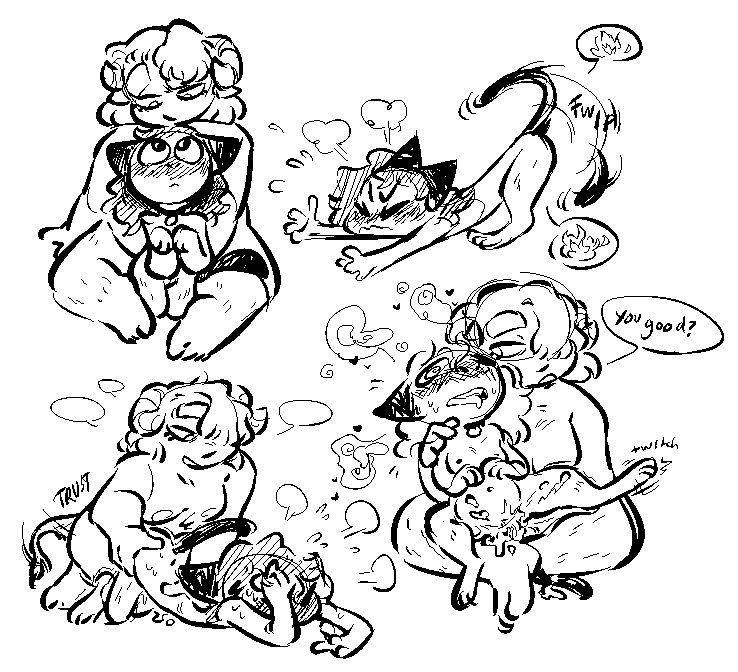 a page of sketches with a catboy interacting with a human bull woman. he's shown sitting in her lap, looking up at her while blushing as she looks down at him between her legs. another shows him arching his back, butt in the air as his tail furiously lashes back and forth. his flustered, grumpy face and little bubbles with flames on them imply he's in heat. the bottom two sketches show the bull fucking him, one hand pinning down his back as the other grips his little waist. the final shows him in her lap, legs splayed open, the area between his legs a mess with cum and slick. the bull helps keep him upright in her lap as she asks, "you good?" the cat is too blissed out and dizzy to answer