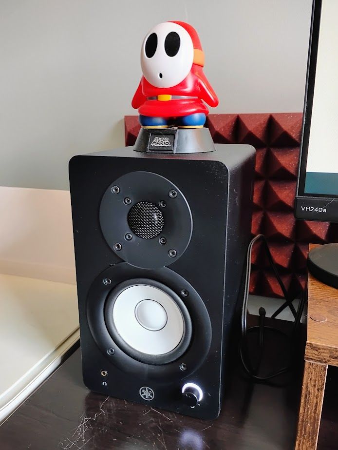 A shy guy sits atop a speaker