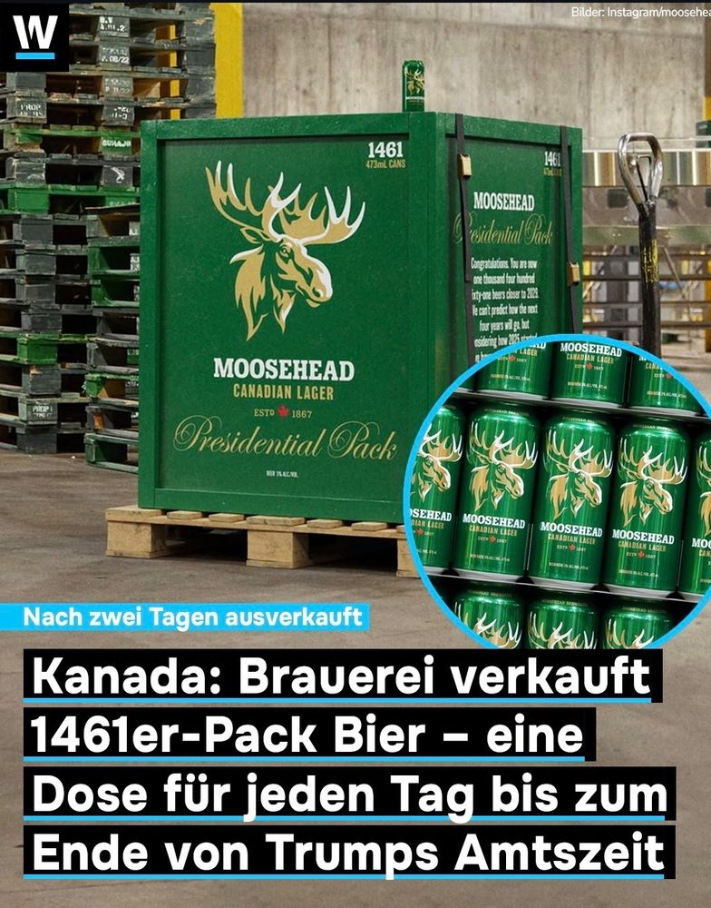Große grüne Box mit Bierdosen und Elch-Logo. Davor der Text: Nach zwei Tagen ausverkauft: Kanada: Brauerei verkauft 1461er-Pack Bier - eine Dose für jeden Tag bis zum Ende von Trumps Amtszeit