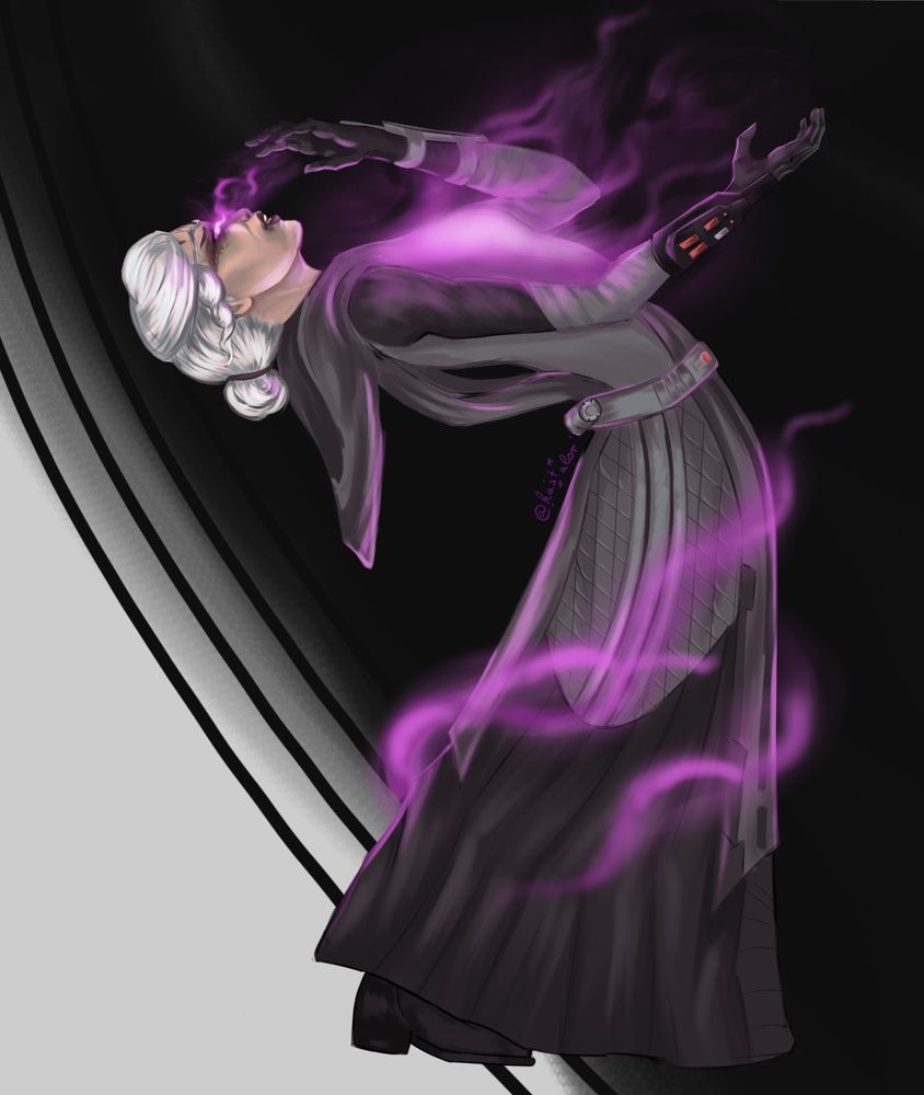 sith inquisitior bending backwards at the waist, engulfed in purple fog/force essence stuff
