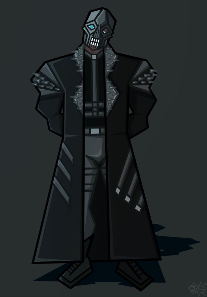 A stylized cartoon drawing with angular lineart and cel-shading. The drawing is of a wide, muscular man dressed in a metal mask and an all leather outfit with a trench coat and harness. He stands with his arms behind his back and his head tilted to the side. What little of his skin shows is scarred and his eyes are a sharp blue.