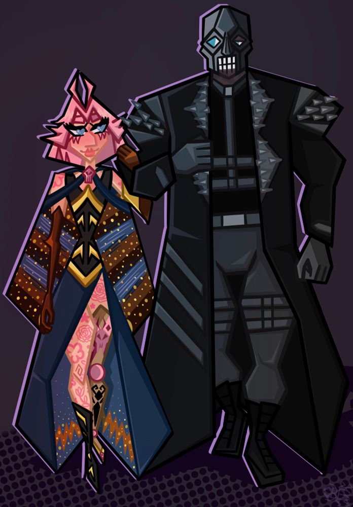 A digital art piece drawn using an angular art style with bold lines and cel shading. It depicts two characters arm-in-arm. The left character, Forrest, has pink hair, a moth-themed outfit, and is short with an hourglass figure. The right character, Esmodeus, is dressed in all leather with a metal mask on his face, he is very tall and wide/buff. Both have blue eyes and are looking at each other.