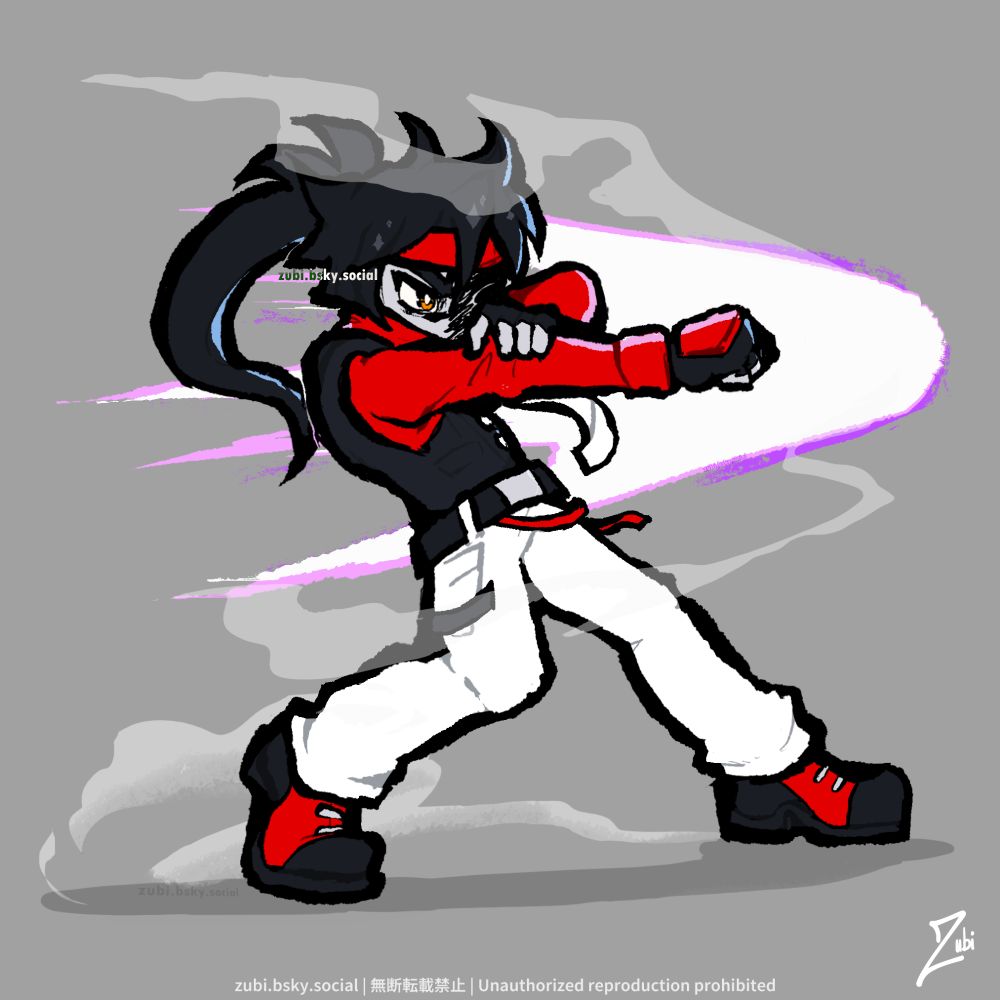 An illustration of Sol Badguy from Guilty Gear Strive wearing a suit, performing Slayer's pilebunker.