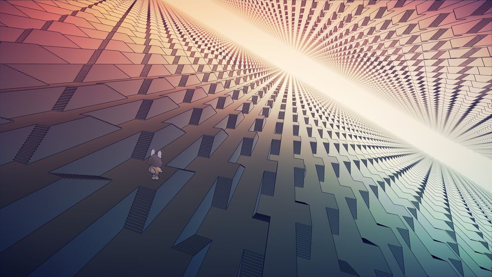 small doodle of mai in the vast expanse of an infinitely repeating staircase, from the game "Manifold Garden"
