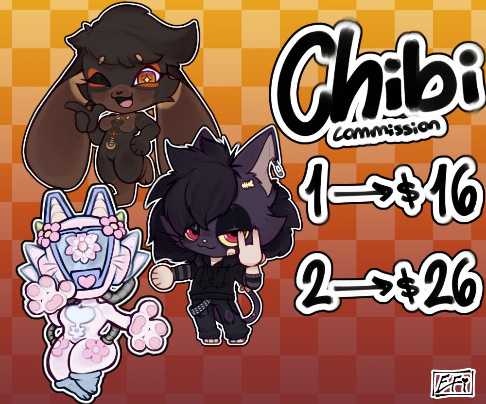 Three drawings in chibi style in a commission template, each chibi style drawing costs 16 dollars, or 26 an offer of 2 chibis