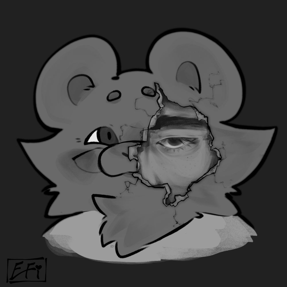 un dibujo de un oso caricaturizado como si fuera una máscara rompiéndose, mostrando el rostro del autor por detrás