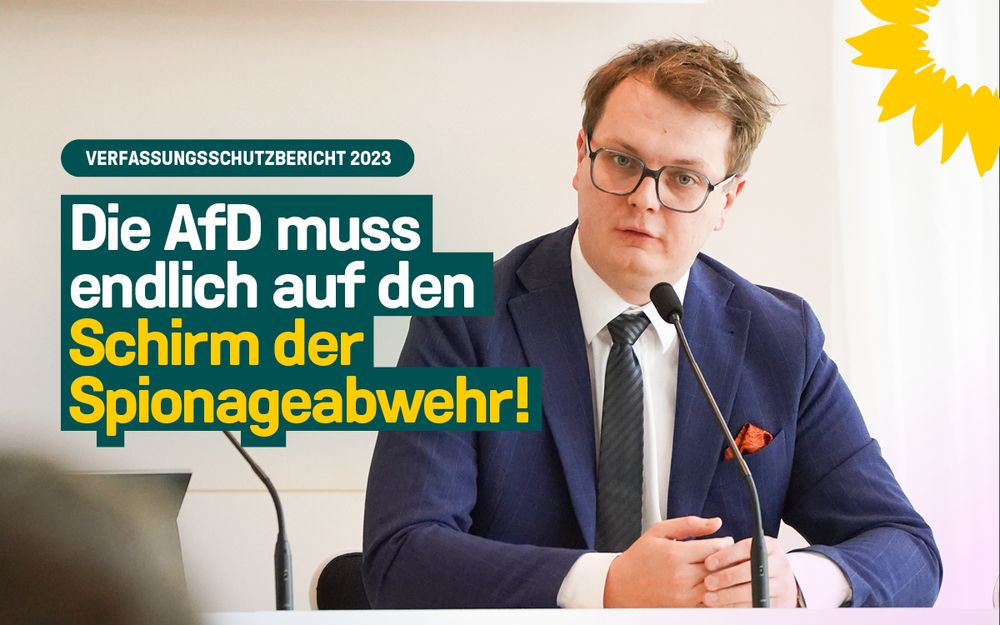 Das Bild zeigt Valentin Lippmann auf einem Podium vor einem Mikrofon. Über das Bild ist auf der linken Seite das Zitat "Die AfD muss endlich auf den Schirm der Spionageabwehr" gelegt. Oben rechts ist eine Sonnenblume zu sehen.