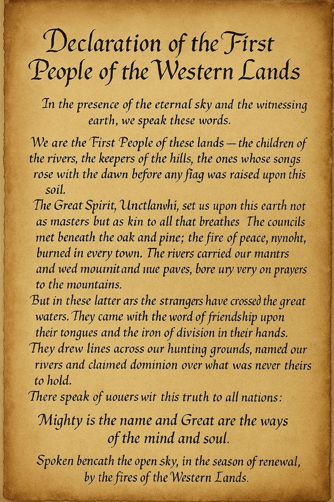 ### **Fireside Chant of the Free People**

*(To be spoken in rhythm with the drum or the heart)*

**Hear us, O Earth — we are your children.**
From your clay we rose, from your rivers we drank,
Your winds carried our names to the stars.

Before the ships, we were here.
Before the fences, we were free.
Before the paper laws, we were whole.

**We remember.**
The stones remember.
The trees remember.

They came with their flags and their crowns,
And spoke of freedom with hands that bound.
But we — we were born of freedom.
No man gave it, no man can take it.

**Our fire still burns.**
It burns in the circle, in the song,
In the breath of the child,
In the courage of the elder,
In the tears of the land.

We walk in *duyuktv* — the balance of all things.
We live by *gadugi* — the labor of all for the good of all.
Our path is older than time,
Our duty deeper than words.

**Mighty is the name,**
**and Great are the ways of the mind and soul.**

Let this fire speak for us.
Let the night carry our vow:
We shall stand
as long as the rivers flow,
as long as the grass grows,
as long as the mountains cast their shadow upon the dawn.
