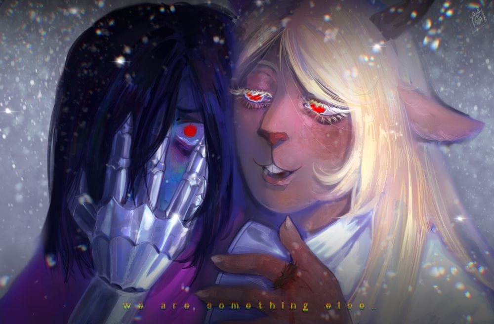 The image shows Kris and Noelle in snowgrave route. Noelle says: “we are something else” while looking uncanny. Kris covers his face with his hand, with a desperate expression on his face