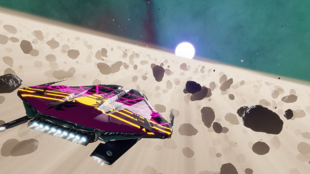 Krait Phantom traversing a planet ring within a nebula, just outside the Witchhead Nebula