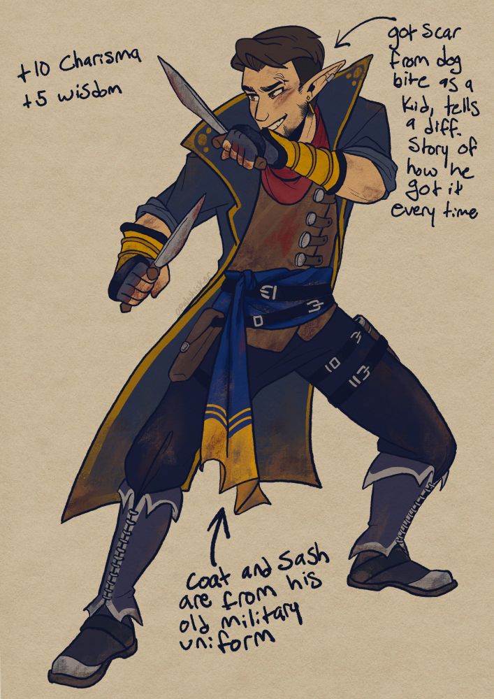 An elven rogue holding two daggers in a ready position. the text around him says +10 Charisma +5 Wisdom, Got scar from dog bite as a kid, tells a diff. story of how he got it every time, coat and sash are from his old military uniform