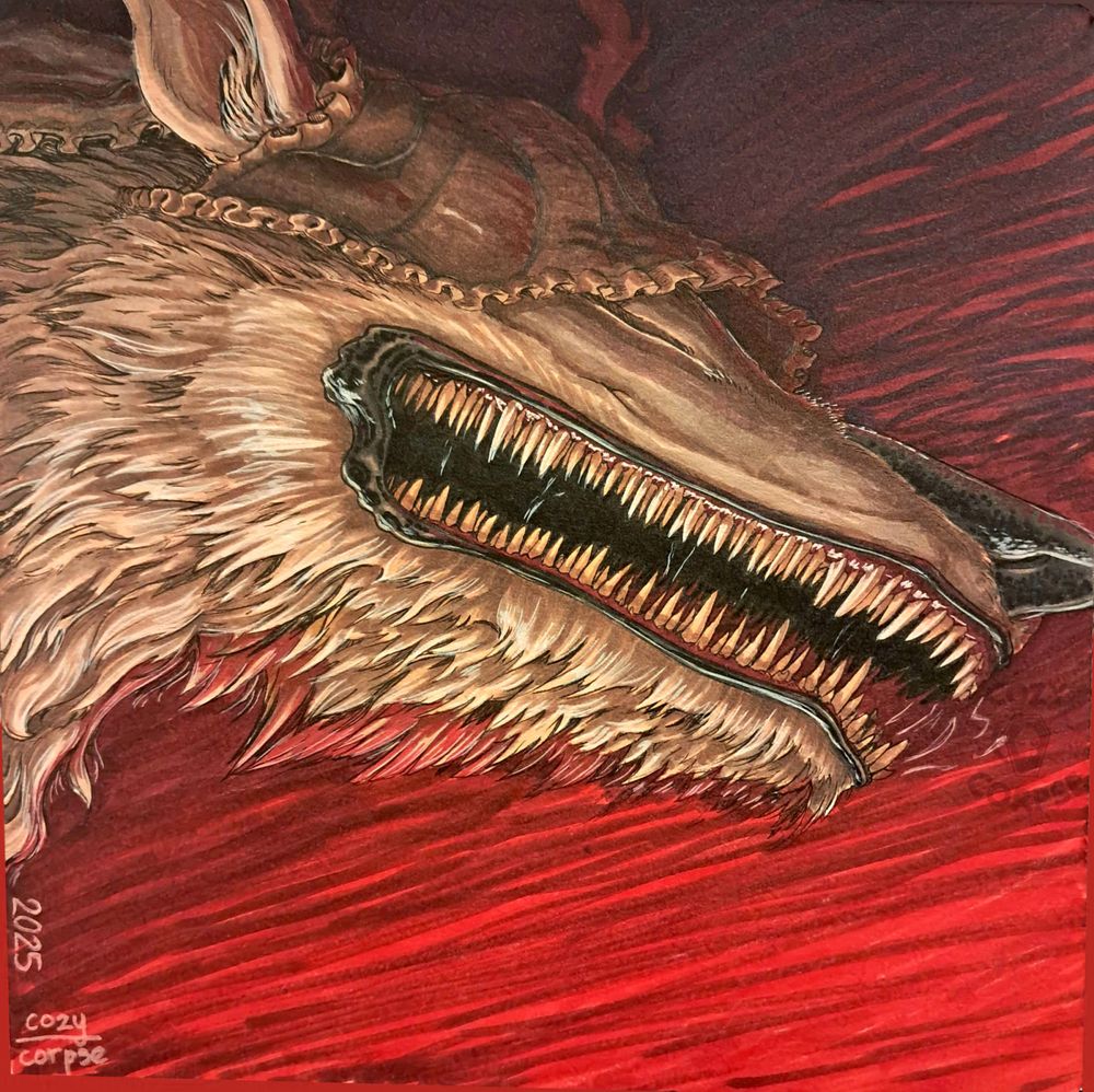 traditional drawing; snarling snout of Vicar Amelia from Bloodborne on a deep red background