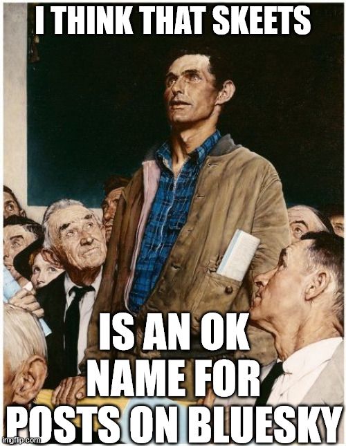 A meme with the Freedom of Speech template
The meme defends the usage of Skeet as a name for posts on the Bluesky social media platform