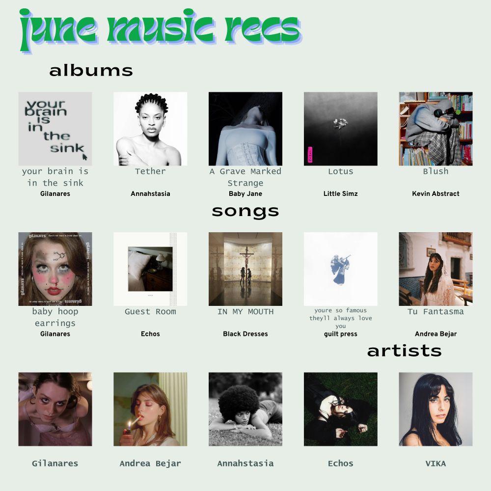 june music recs

albums:
your brain is in the sink by gilanares
tether by annahstasia
a grave marked strange by baby jane
lotus by little simz
blush by kevin abstract

songs:
baby hoop earrings by gilanares
guest room by echos
in my mouth by black dresses
youre so famous theyll always love you by guilt press
tu fantasma by andrea bejar

artists:
gilanares
andrea bejar
annahstasia
echos
vika