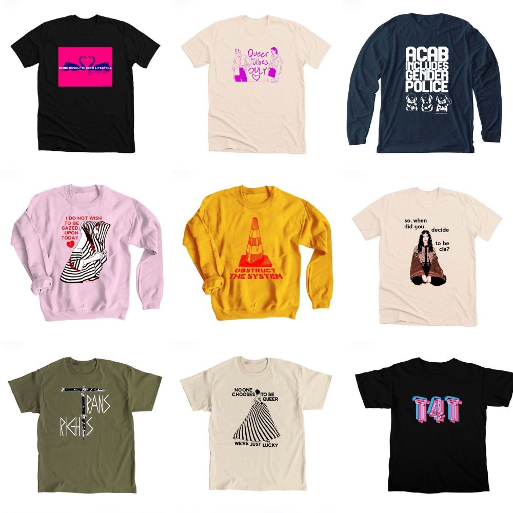 Nine different graphic tees and sweatshirts in multiple colors on a white background. Each shirt has a different queer design/slogan