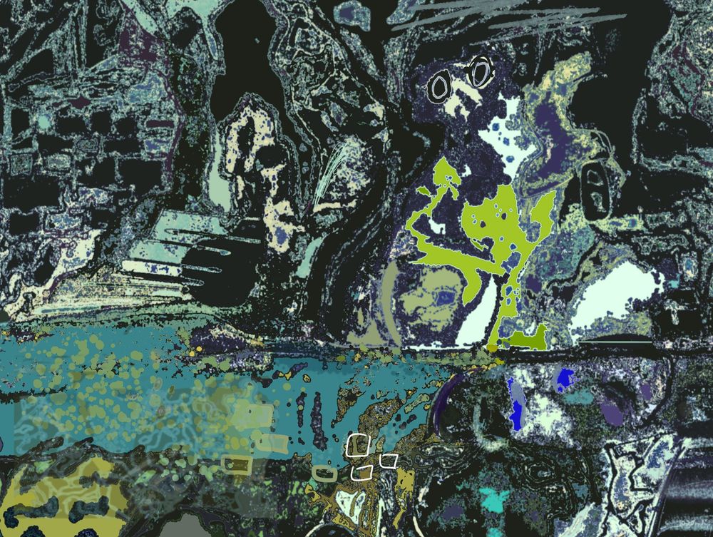 This scribbling turns out to be a cavern with stairs at the bottom right and near upper left. There is a doorway here, either one white or two black figures and nearby many faces accuse one another of false spirits. There is a murky body of water and here are the ghosts of of decisions unmade. 