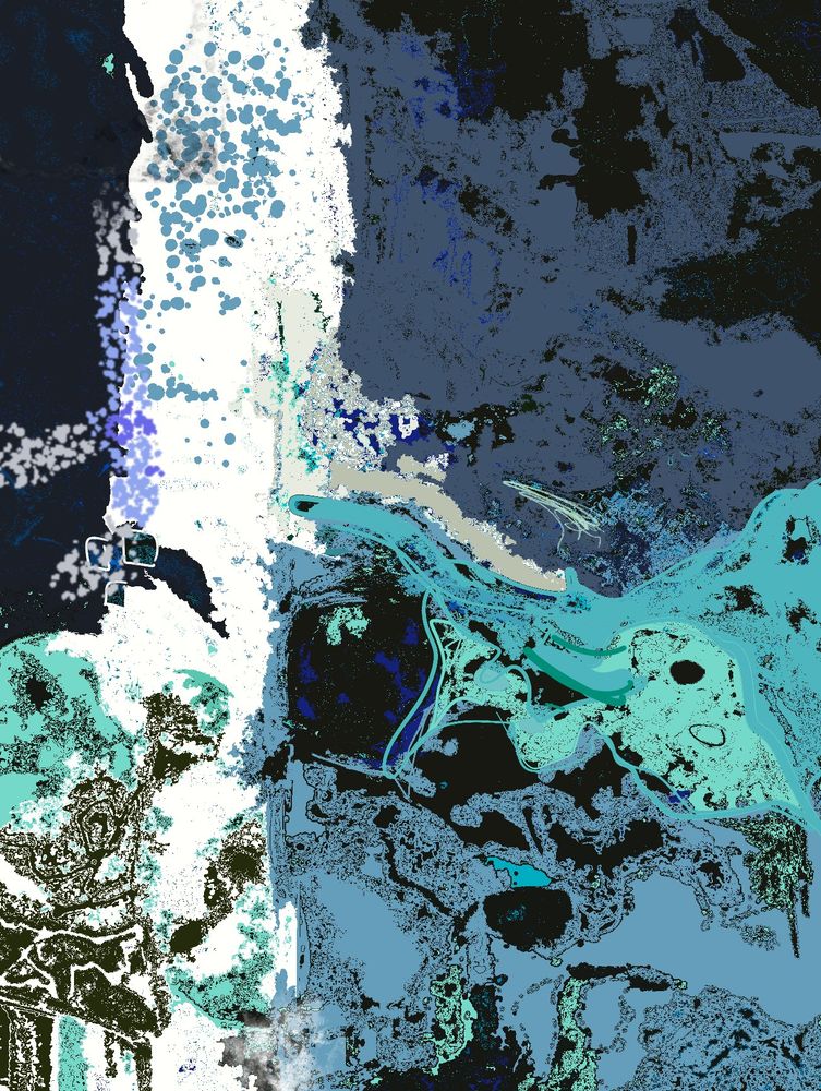 A map or a composition of overlapping creatures in blue, green, white, and black. Nothing is depicted, though you might get a sense of birds, river, rockface, dancing cigarettes. Trumpeting Coaster Gods, Kool-Aid Serengeti, or Pangolin Fever. Gar, gar, ice melting, melting, faces melting. Vultures, webs, and continental drift. I forget. Seasons of gratitude for this, whatever, garnished hope. Another fortnite gone. A word you never got to use. Another. Themes are as usual. 