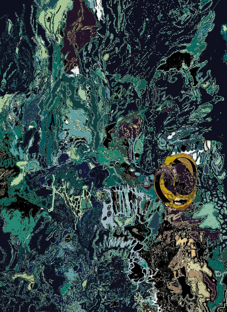 We didn't need any bullshit facial recognition to identify the thief. An orange-headed oaf has invaded the forest where many faces wait, some behind harsh lines, some rising as vegetation. Lives are on hold as the thief roots through everything, taking what he likes for hmself. Mostly shades of green and black abstract. 