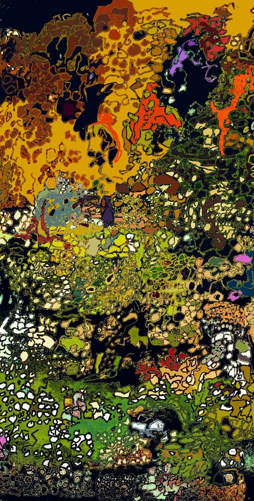 Abstract landscape made up of small shapes adding up to creatures and vegetation in the foreground, mostly greens. At the top or at the edge are larger, jagged shapes in orange and yellow. There might be flames here, but the recent resolution to rename them will keep it all in check. The self-appointed gods fight each other with "kick me" signs. Viewers are encouraged to place bets until all are in agreement. Even your dreams are restructured. You are issued a new pair of glasses. 