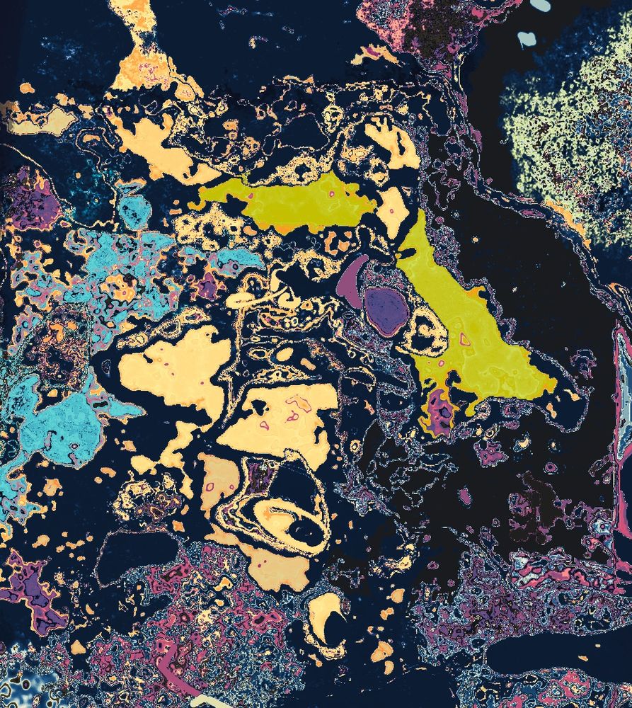 Abstract with blobs, loops, scribbles, and points. Indeterminable number of creatures, bright colors on dark navy background. Endless compromises made. 