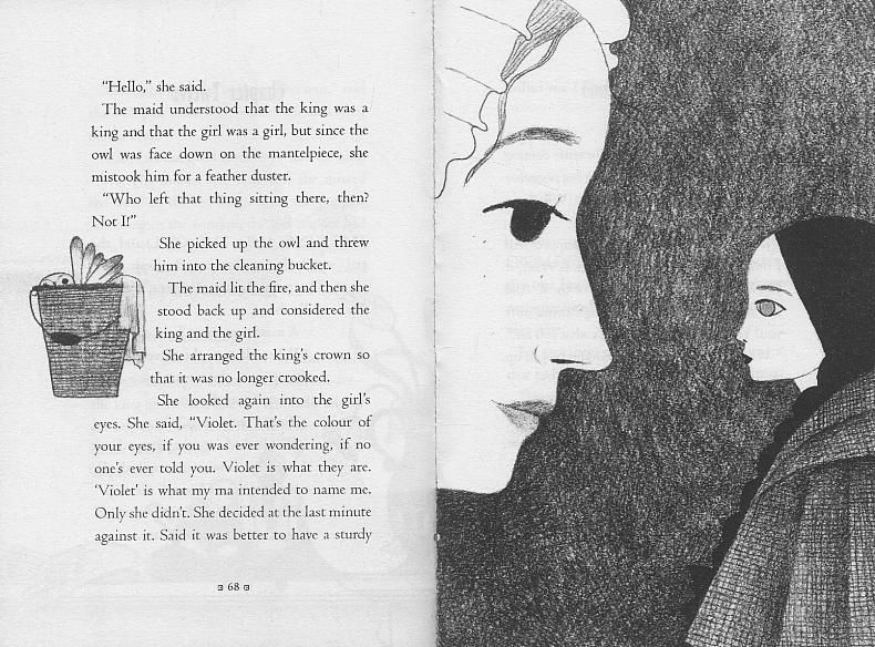 Image of a spread from puppets of Spelhorst with a maid looking into the eyes of a puppet 