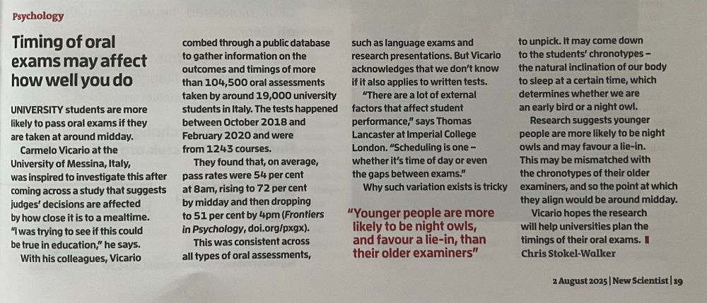 New Scientist article: key takeaway - 8am or 4pm orals have a pass rate of about 50%; at noon it’s about 75%