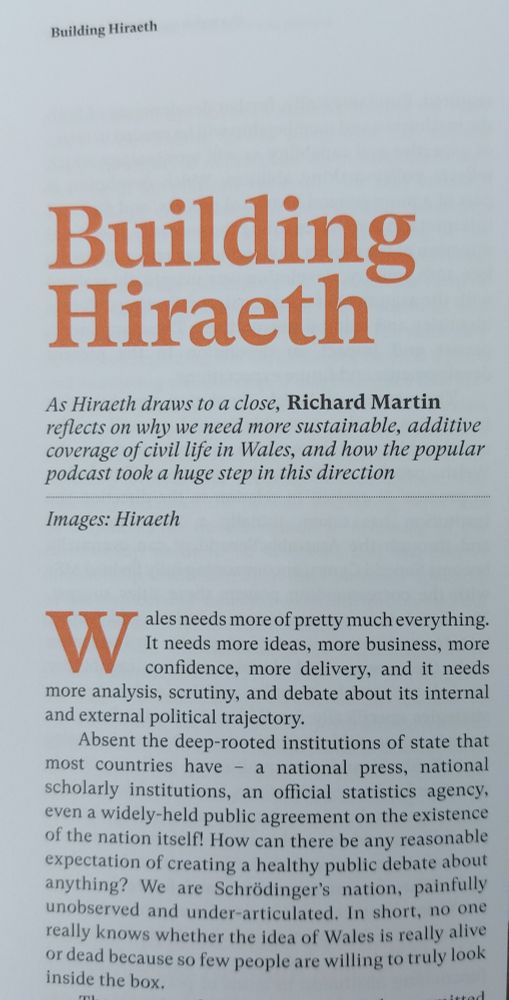A screenshot of the start of a printed article, Building Hiraeth, by Richard Martin, published in The Welsh Agenda 