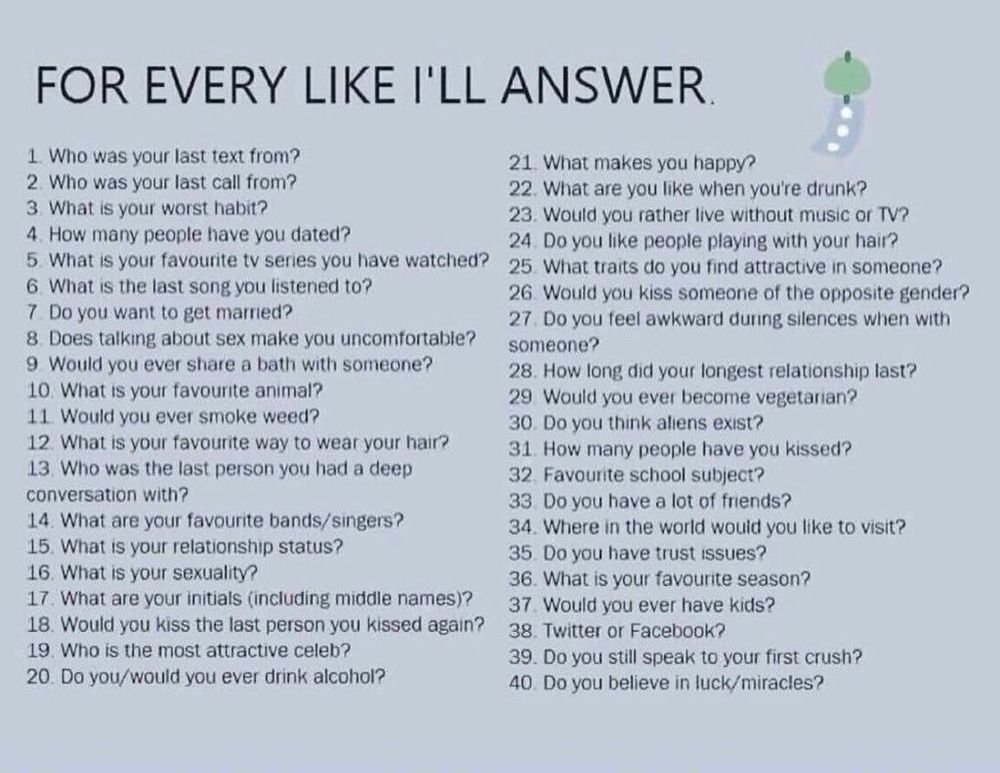 FOR EVERY LIKE I'LL ANSWER.

1. Who was your last text from?
2. Who was your last call from?
3. What is your worst habit?
4. How many people have you dated?
5. What is your favourite tv series you have watched?
6. What is the last song you listened to?
7. Do you want to get married?
8. Does talking about sex make you uncomfortable?
9 Would you ever share a bath with someone?
10. What is your favourite animal?
11. Would you ever smoke weed?
12. What is your favourite way to wear your hair?
13. Who was the last person you had a deep conversation with?
14. What are your favourite bands/singers?
15. What is your relationship status?
16. What is your sexuality?
17. What are your initials (including middle names)?
18. Would you kiss the last person you kissed again?
19. Who is the most attractive celeb?
20. Do you/would you ever drink alcohol?
21. What makes you happy?
22. What are you like when you're drunk?
23. Would you rather live without music or TV?
24. Do you like people playing with your hair?
25. What traits do you find attractive in someone?
26. Would you kiss someone of the opposite gender?
27. Do you feel awkward during silences when with someone?
28. How long did your longest relationship last?
29. Would you ever become vegetarian?
30. Do you think aliens exist?
31. How many people have you kissed?
32. Favourite school subject?
33 Do you have a lot of friends?
34. Where in the world would you like to visit?
35. Do you have trust issues?
36. What is your favourite season?
37. Would you ever have kids?
38. Twitter or Facebook?
39. Do you still speak to your first crush?
40. Do you believe in luck/miracles?