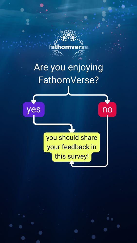 Decision chart. Are you enjoying FathomVerse? If yes, then you should share your feedback in this survey. If no, then you should share your feedback in this survey. dark blue ocean background. 