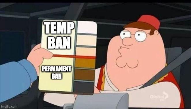 The peter griffin skin color chart meme with the whiter shades showing temp ban and the darker skin colors showing permanent ban