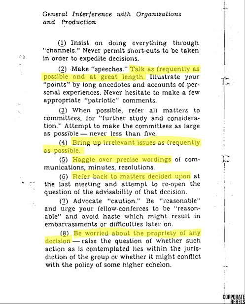 A photocopy of a page from that 1944 CIA guide to sabotaging meetings. A few lines are highlighted, including "Bring up irrelevant issues as frequently as possible".