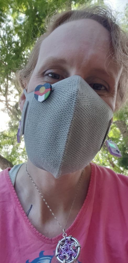 A quick and not great selfie taken in the park where we had set up. I'm wearing my grey mask with my combined Aboriginal/Palestinian flag heart pin. I'm wearing my pink Bettie Boop shirt (design is barely visible), the maille necklace I usually wear, and my gameboy earrings.
