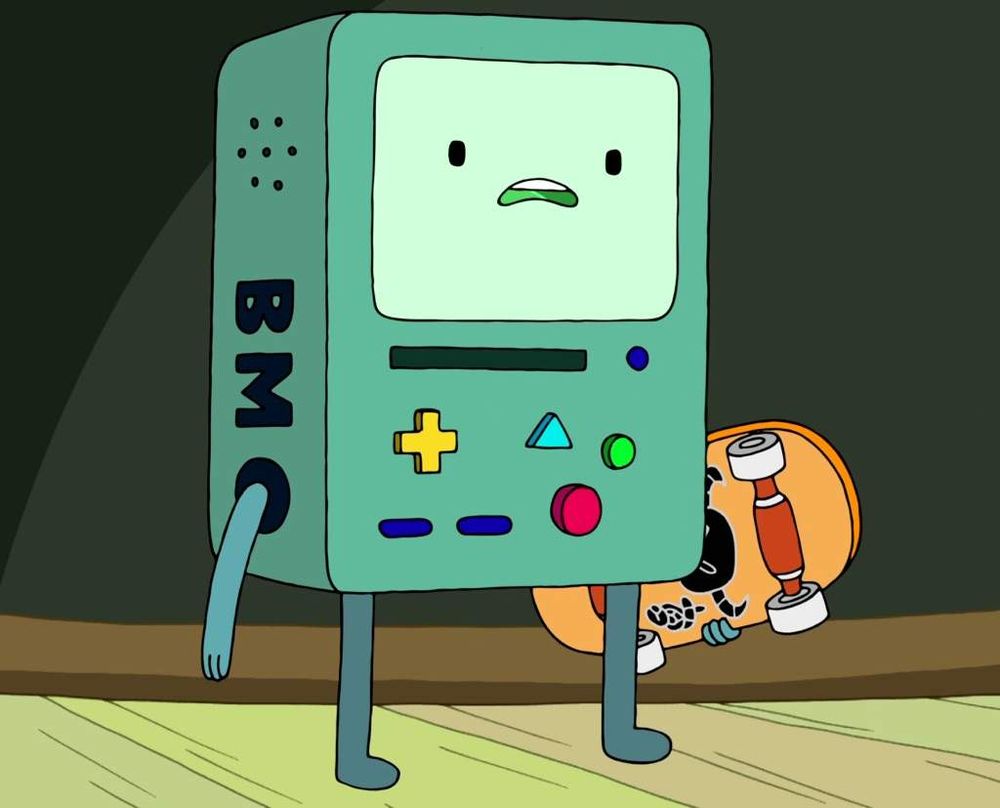 BMO from Adventure Time holding a skatebaord.
