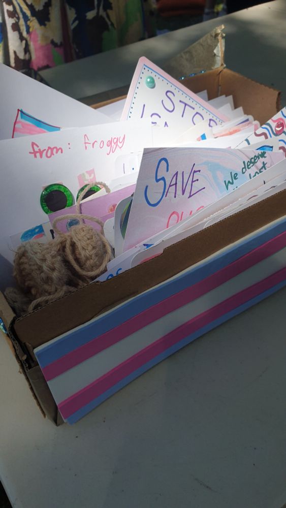 The box with many completed postcards toward the end of the day. Some are (purposefully) sticking out for aesthetic reasons, with a few words and phrases visible including: "Save our", "We deserve", "Stop", "From: Froggy", and a trans flag.